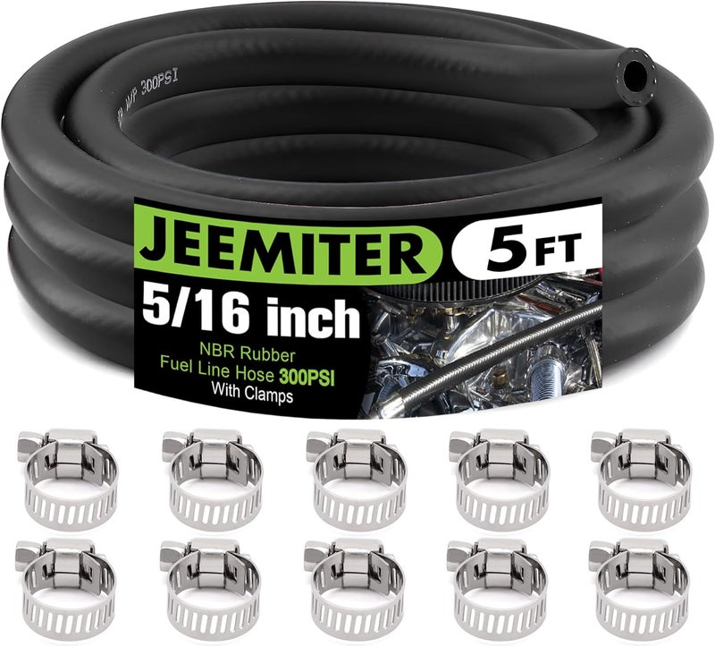 Jeemiter 5/16" ID Fuel Line Hose 5FT - SAE 30R7 Replacement Kit with 10 Clamps - Short Length for Lawn Mower, Generator, UTV, Automotive Fuel & Oil Lines - Image 1